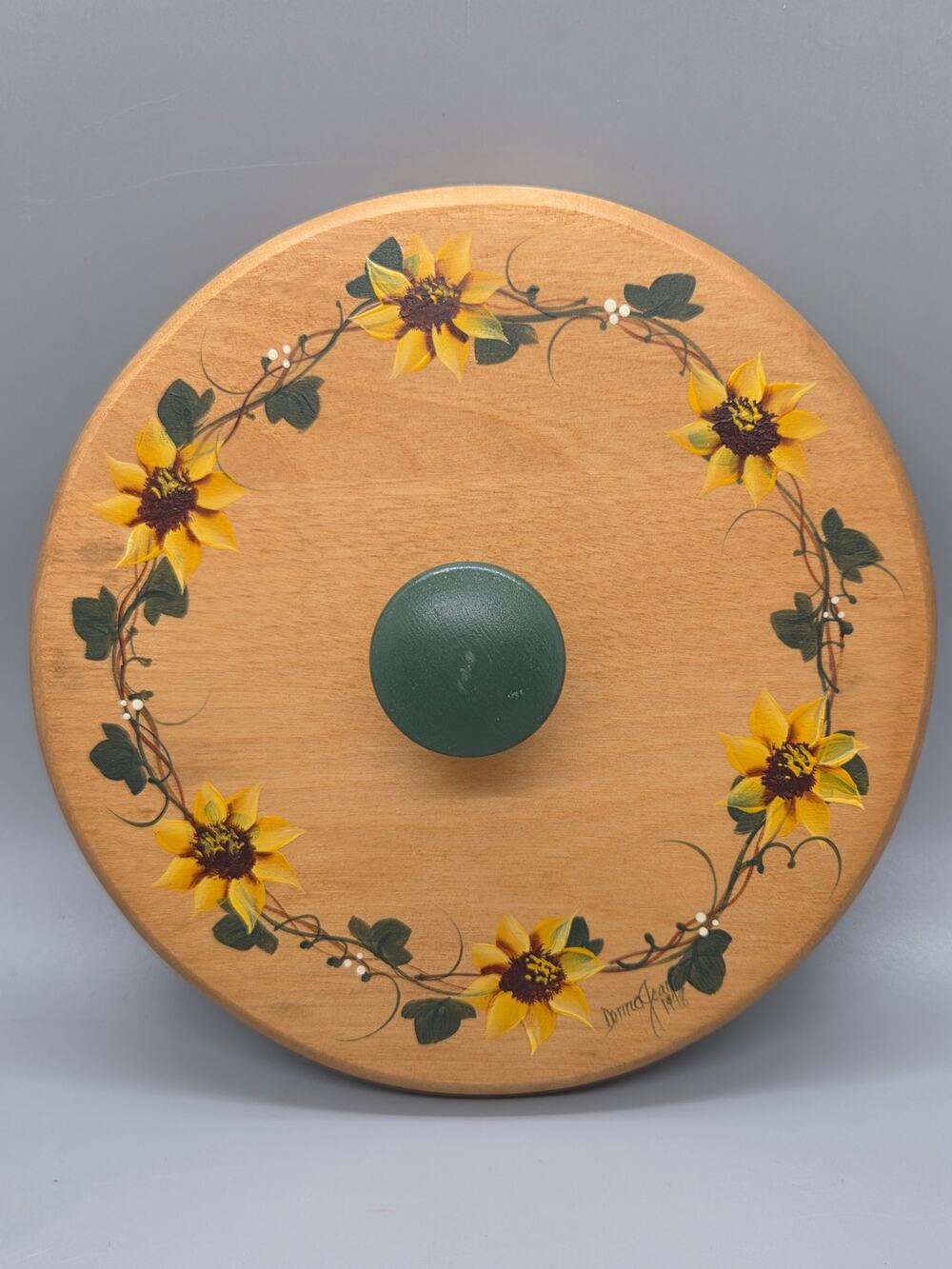 Vintage Basket Accessories Hand-Painted Wooden Basket Lid Sunflowers